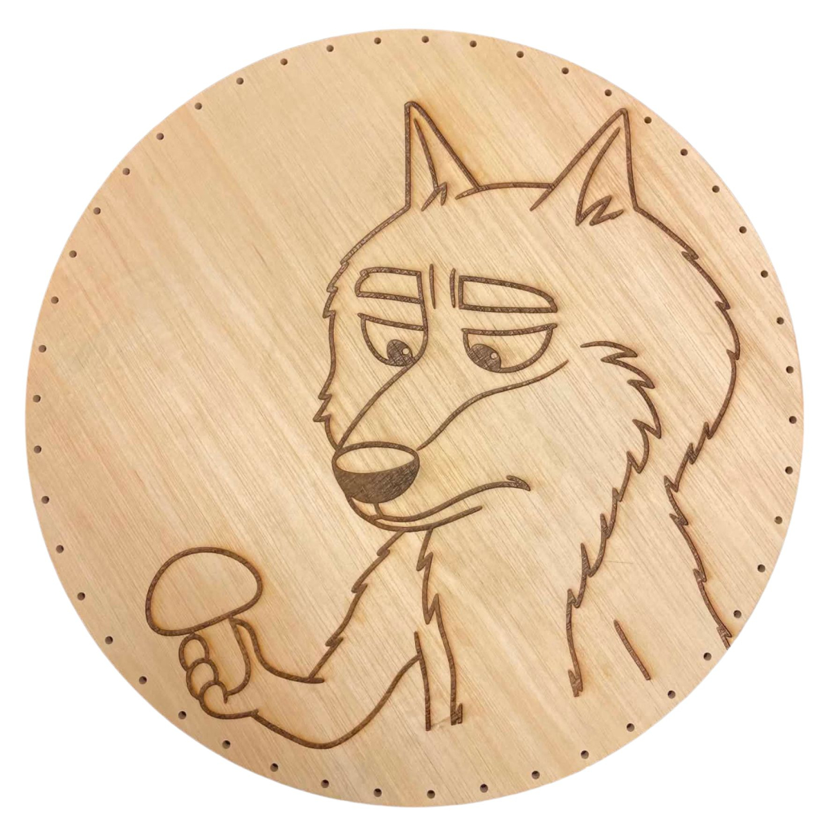 Fond rond 32 cm en contreplaqué - Gravé Motif Loup et champignon