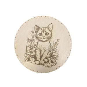 Round base 32 cm in plywood, engraved with a kitten and flowers