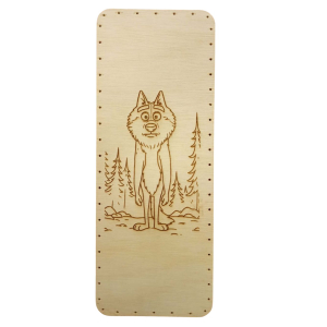 Rounded rectangular background 40/15 cm engraved with a wolf and fir trees