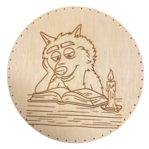 Fond rond 32 cm en contreplaqué - Gravé Motif Loup qui lit